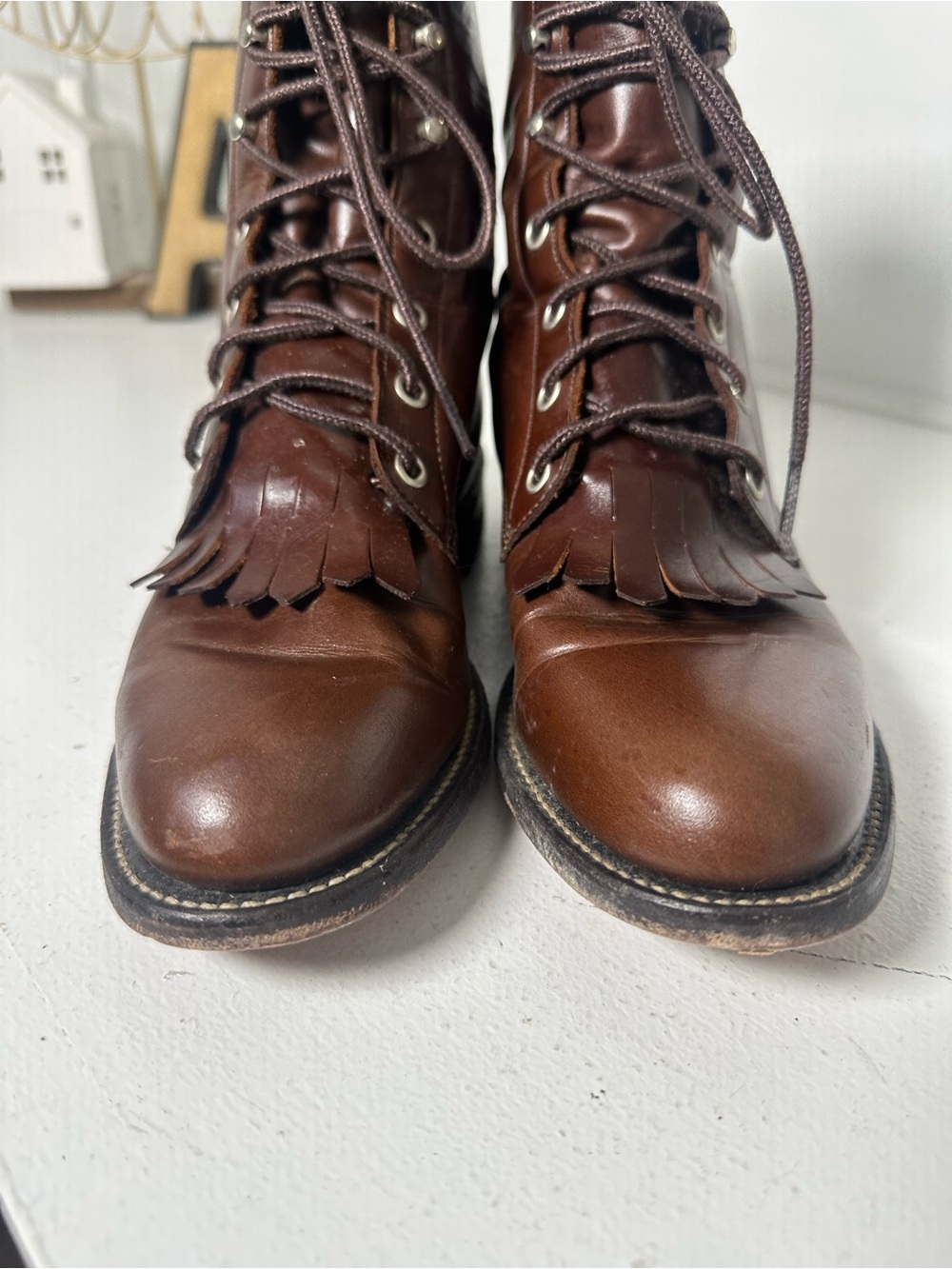 Vintage Justin Lace Up Kiltie Boots Women's 6B Made in USA Brown Leather Roper - Picture 3 of 8